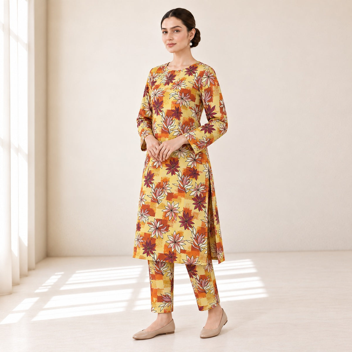 Mustard Yellow & Rust Floral Printed 2-Piece Unstitched Lawn Suit (6 meters unstitched fabric)