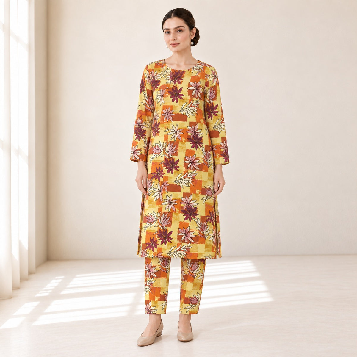 Mustard Yellow & Rust Floral Printed 2-Piece Unstitched Lawn Suit (6 meters unstitched fabric)