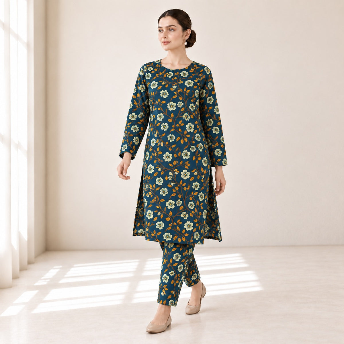 Teal Blue & Mustard Floral Printed 2-Piece Unstitched Lawn Suit (6 meters unstitched fabric)