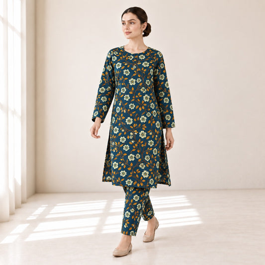 Teal Blue & Mustard Floral Printed 2-Piece Unstitched Lawn Suit (6 meters unstitched fabric)