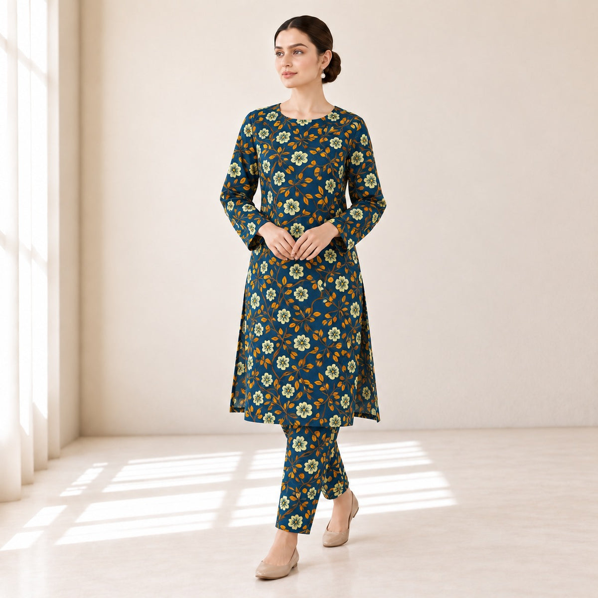 Teal Blue & Mustard Floral Printed 2-Piece Unstitched Lawn Suit (6 meters unstitched fabric)