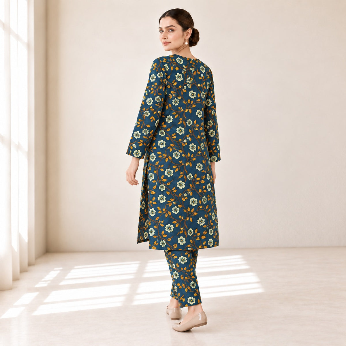 Teal Blue & Mustard Floral Printed 2-Piece Unstitched Lawn Suit (6 meters unstitched fabric)