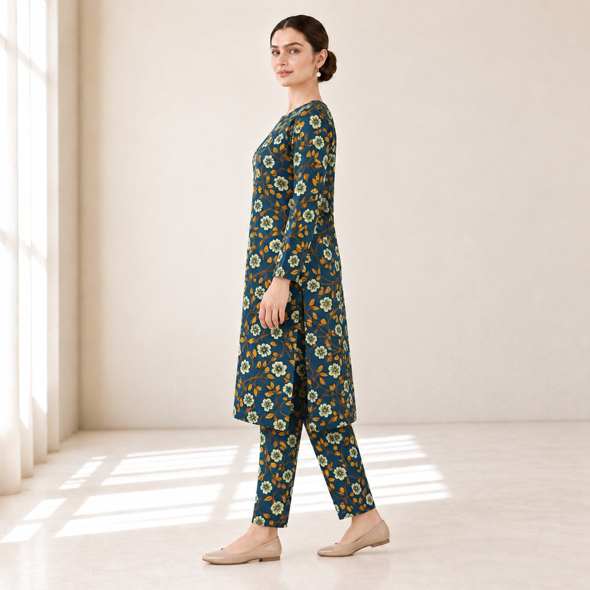 Teal Blue & Mustard Floral Printed 2-Piece Unstitched Lawn Suit (6 meters unstitched fabric)