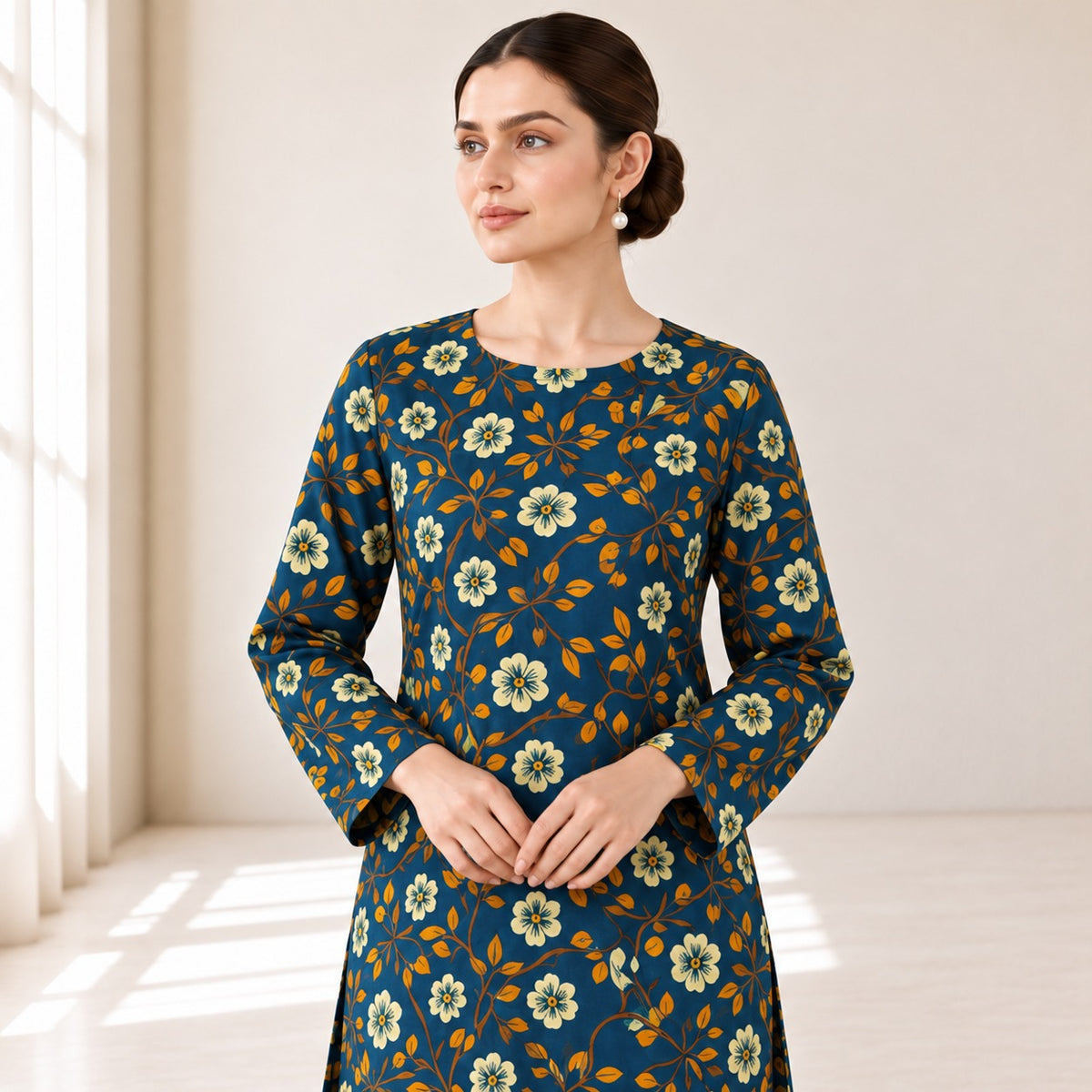 Teal Blue & Mustard Floral Printed 2-Piece Unstitched Lawn Suit (6 meters unstitched fabric)