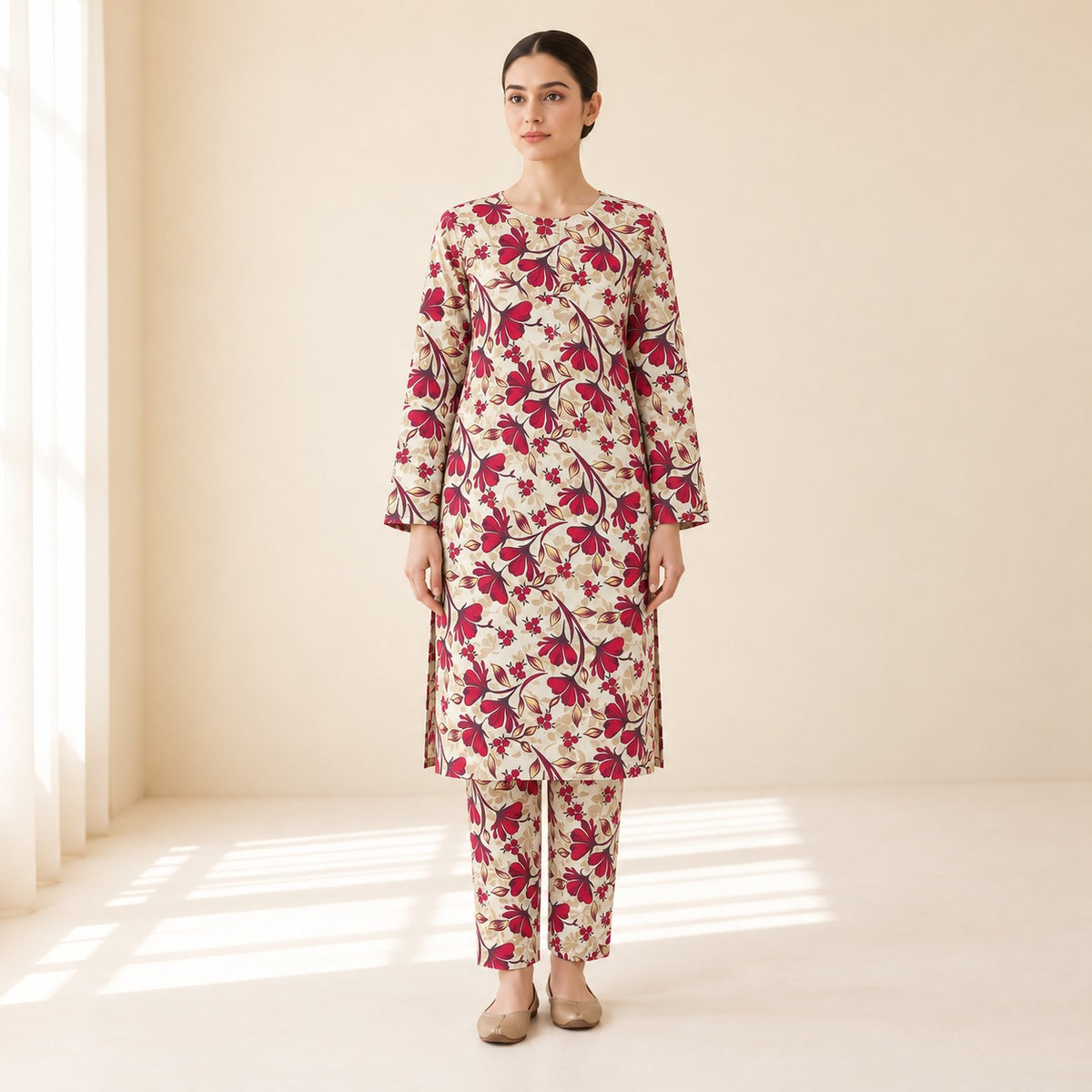 Cream & Burgundy Floral Printed 2-Piece Unstitched Lawn Suit (6 meters unstitched fabric)