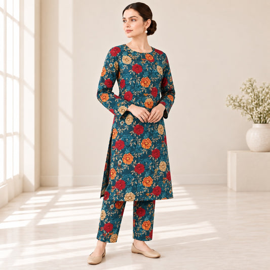 Teal Blue & Red Floral Printed 2-Piece Unstitched Lawn Suit (6 meters unstitched fabric)