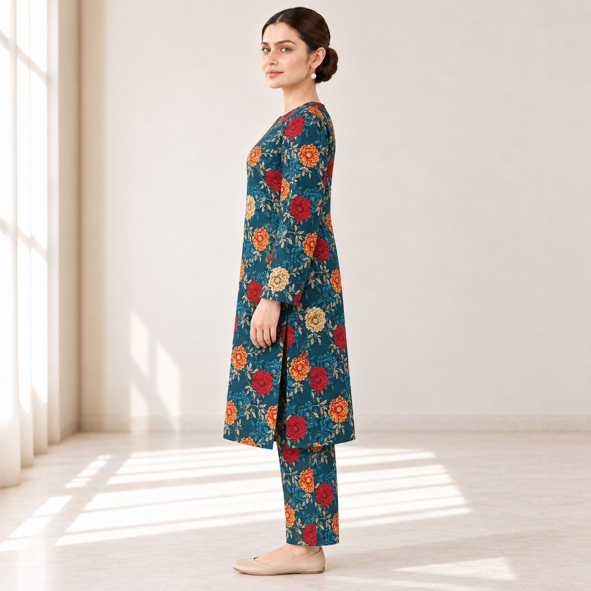 Teal Blue & Red Floral Printed 2-Piece Unstitched Lawn Suit (6 meters unstitched fabric)