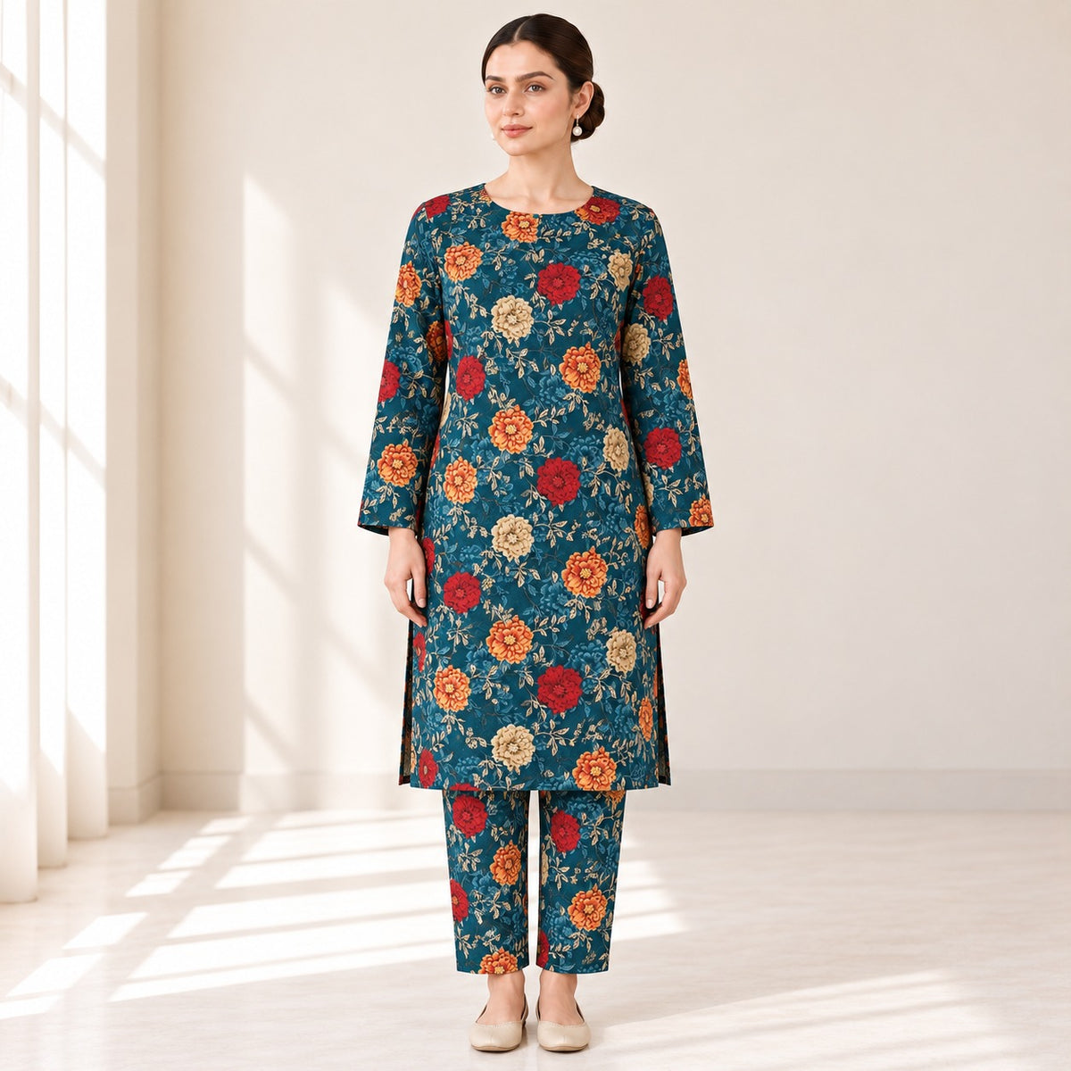 Teal Blue & Red Floral Printed 2-Piece Unstitched Lawn Suit (6 meters unstitched fabric)