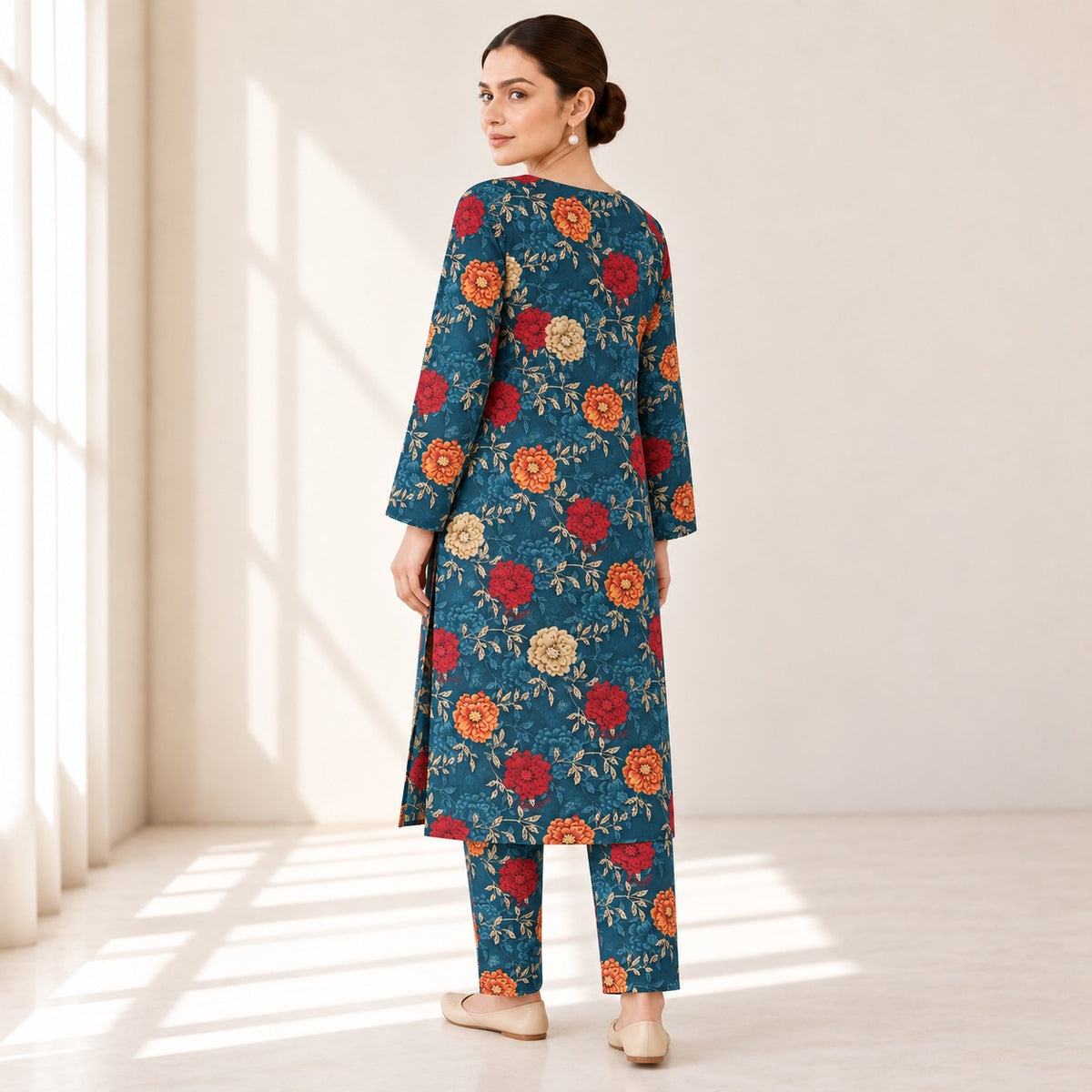 Teal Blue & Red Floral Printed 2-Piece Unstitched Lawn Suit (6 meters unstitched fabric)