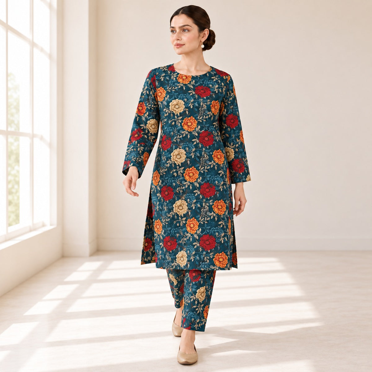 Teal Blue & Red Floral Printed 2-Piece Unstitched Lawn Suit (6 meters unstitched fabric)