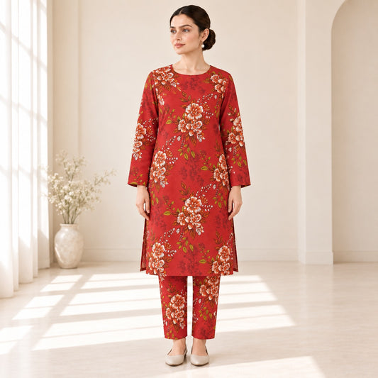 Crimson Red & Cream Floral Printed 2-Piece Unstitched Lawn Suit (6 meters unstitched fabric)