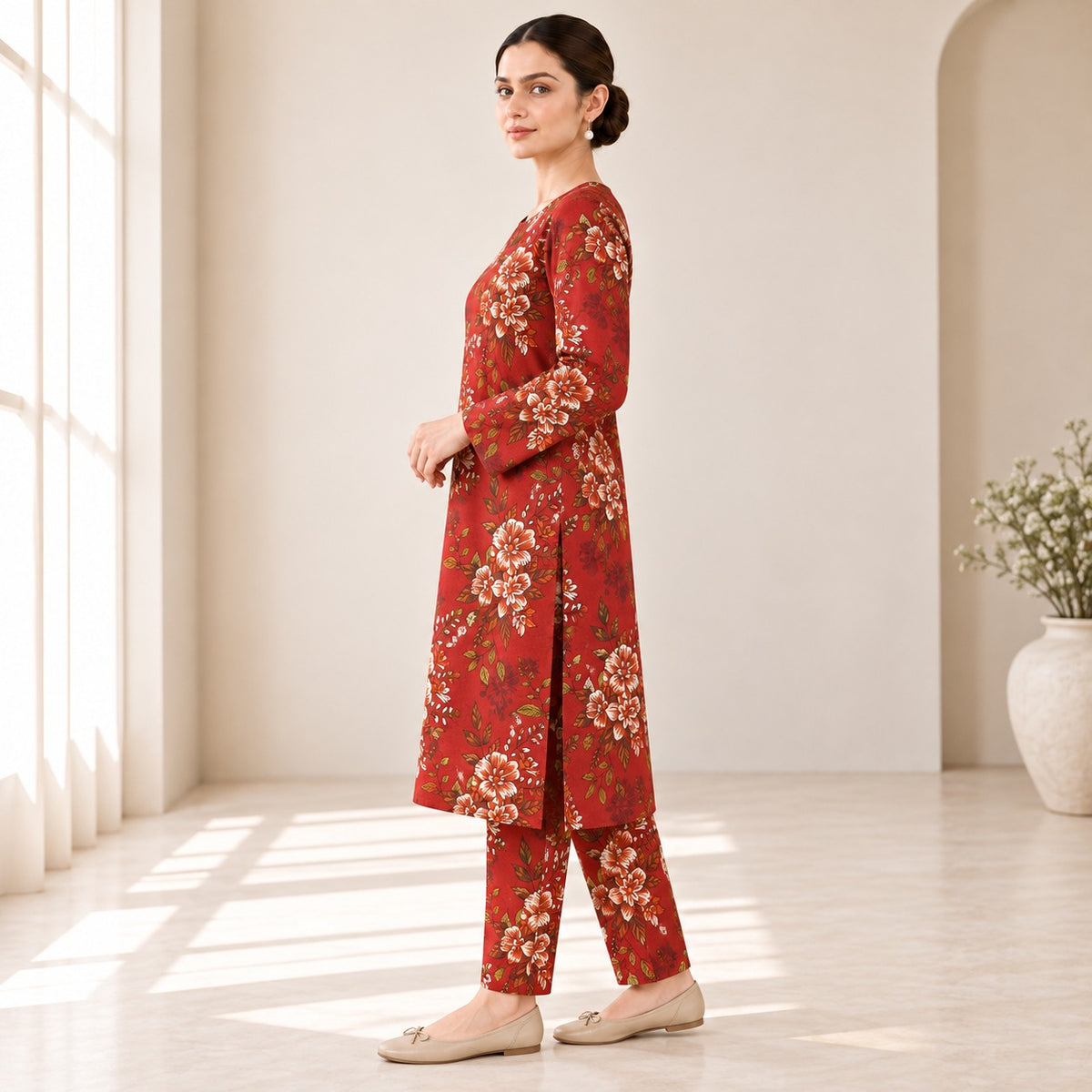 Crimson Red & Cream Floral Printed 2-Piece Unstitched Lawn Suit (6 meters unstitched fabric)
