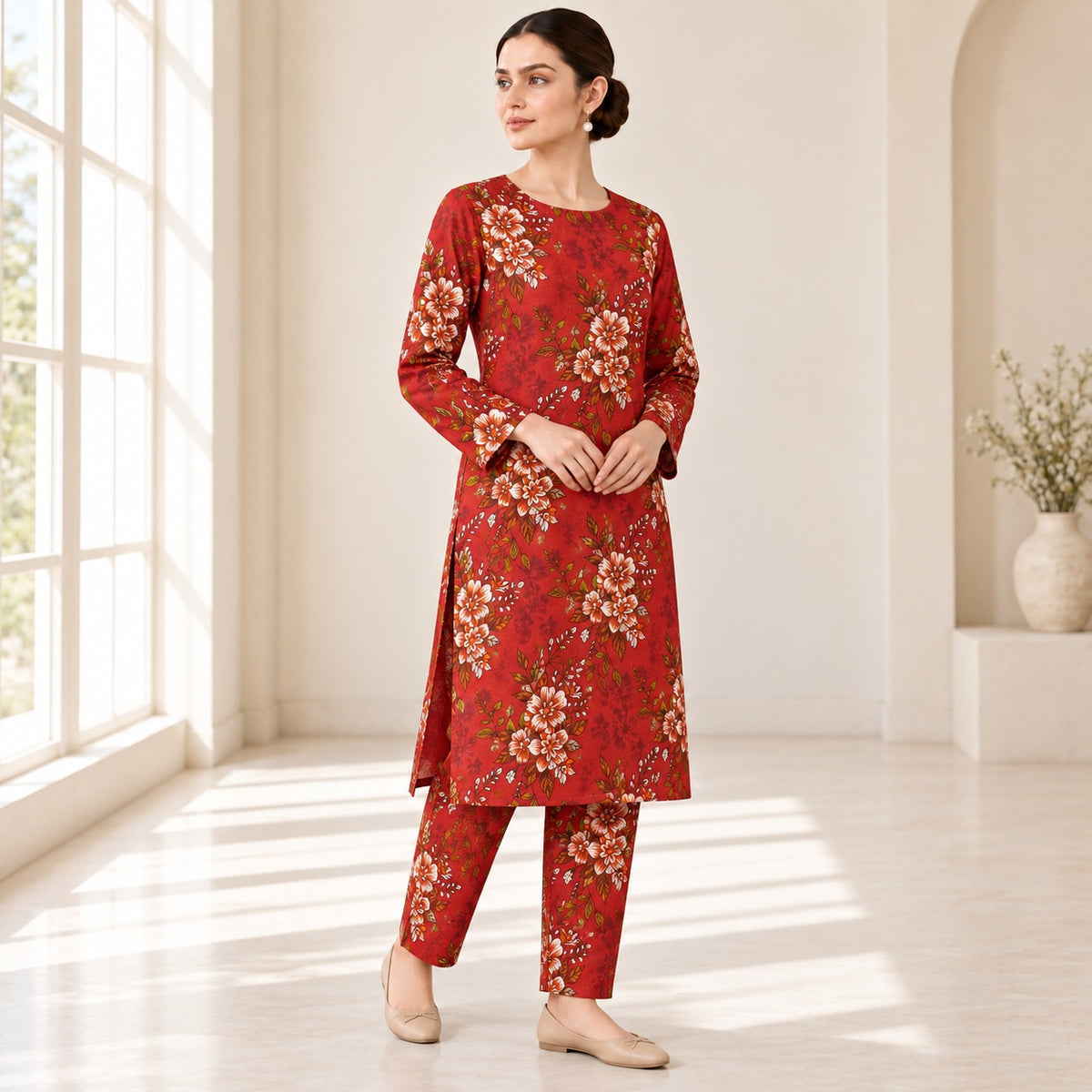 Crimson Red & Cream Floral Printed 2-Piece Unstitched Lawn Suit (6 meters unstitched fabric)