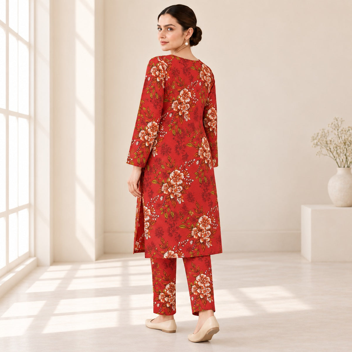 Crimson Red & Cream Floral Printed 2-Piece Unstitched Lawn Suit (6 meters unstitched fabric)