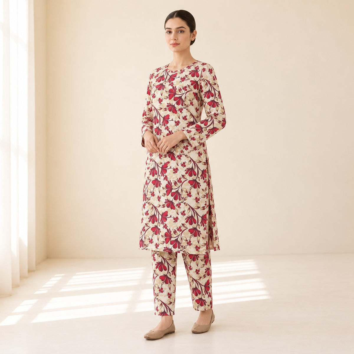 Cream & Burgundy Floral Printed 2-Piece Unstitched Lawn Suit (6 meters unstitched fabric)