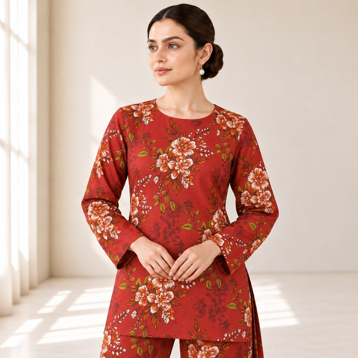 Crimson Red & Cream Floral Printed 2-Piece Unstitched Lawn Suit (6 meters unstitched fabric)