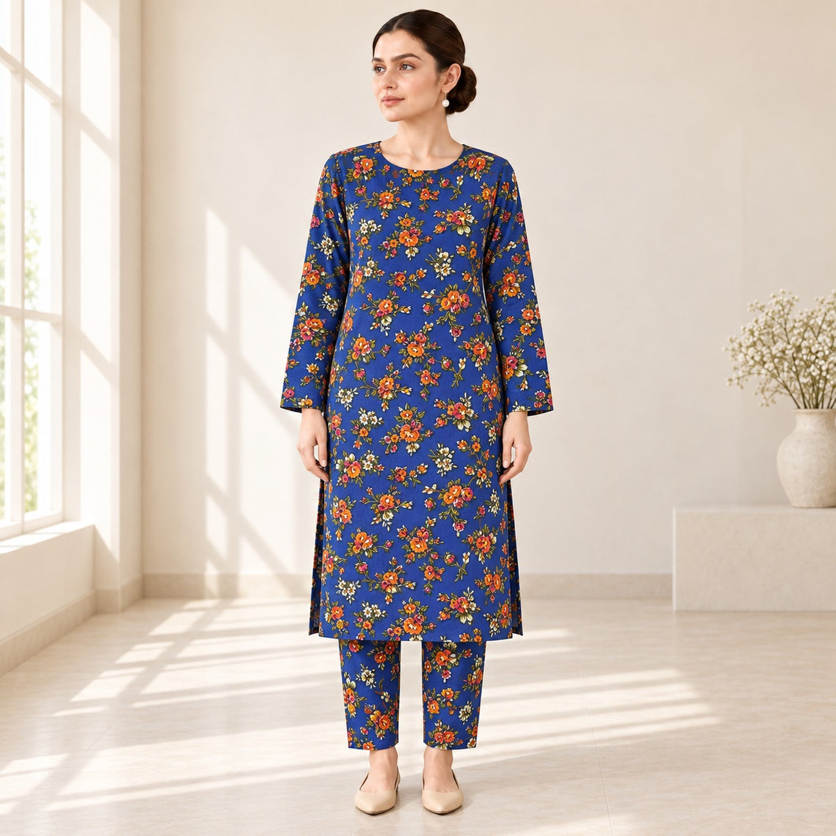 Royal Blue & Orange Floral Printed 2-Piece Unstitched Lawn Suit (6 meters unstitched fabric)
