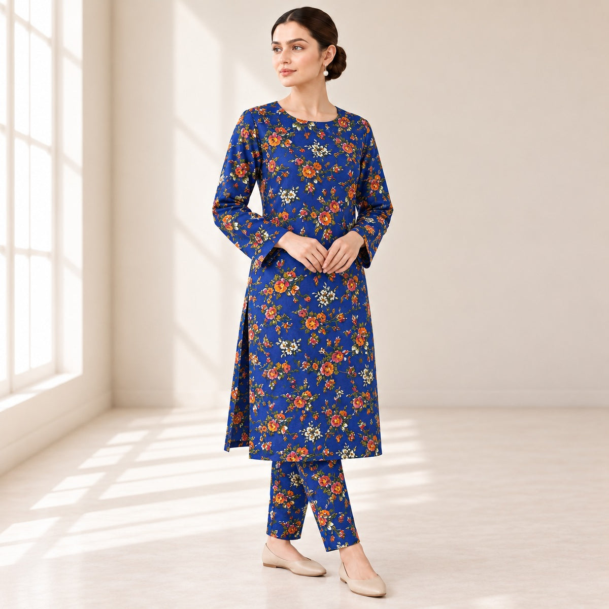 Royal Blue & Orange Floral Printed 2-Piece Unstitched Lawn Suit (6 meters unstitched fabric)