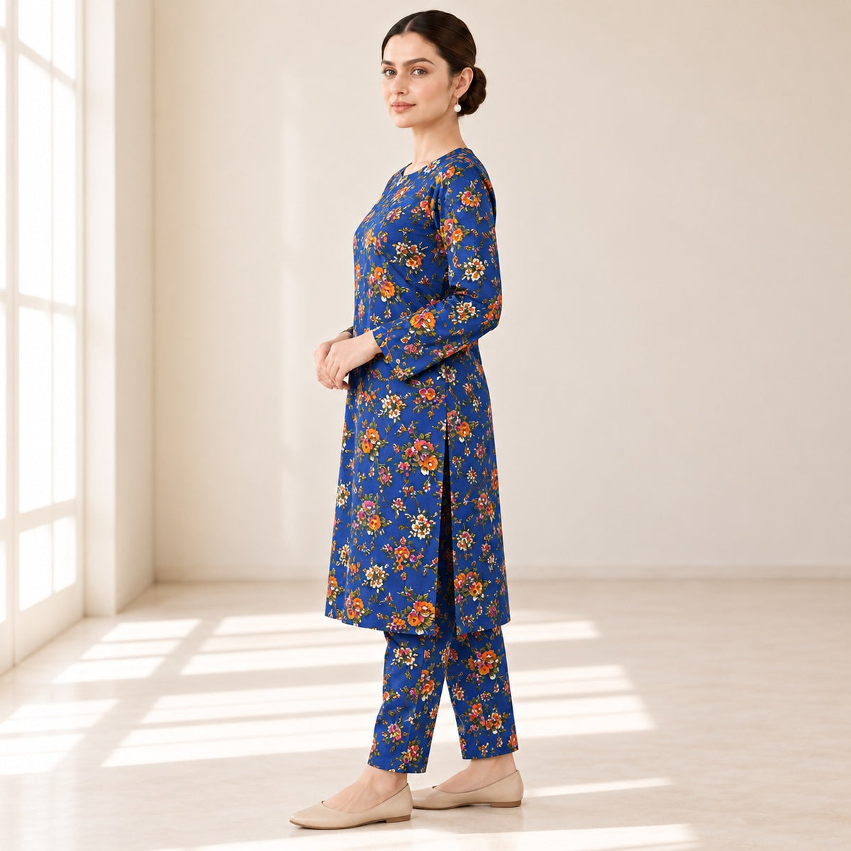Royal Blue & Orange Floral Printed 2-Piece Unstitched Lawn Suit (6 meters unstitched fabric)