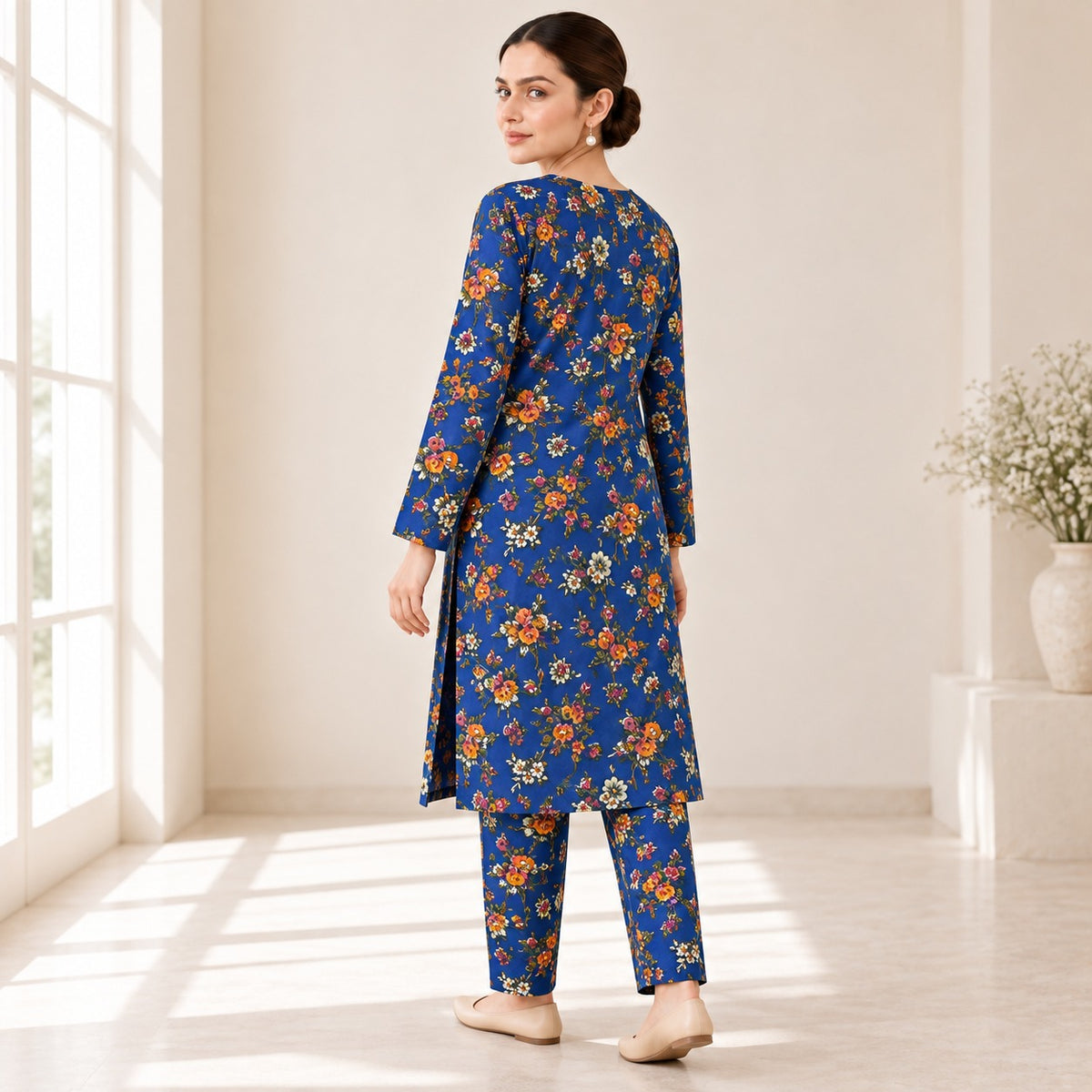 Royal Blue & Orange Floral Printed 2-Piece Unstitched Lawn Suit (6 meters unstitched fabric)
