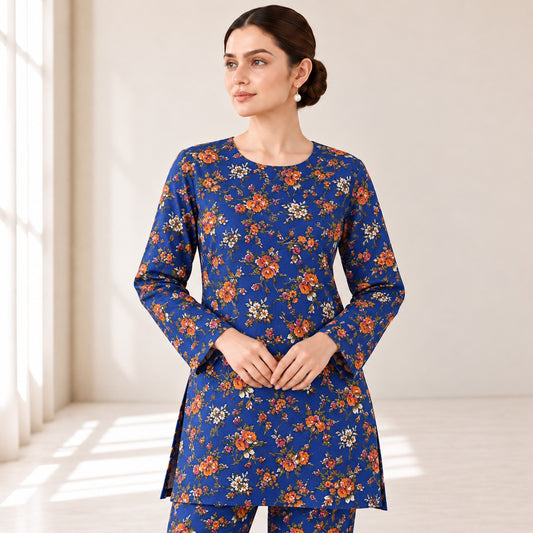 Royal Blue & Orange Floral Printed 2-Piece Unstitched Lawn Suit (6 meters unstitched fabric)