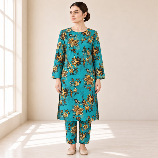 Teal & Gold Floral Printed 2-Piece Unstitched Lawn Suit (6 meters unstitched fabric)