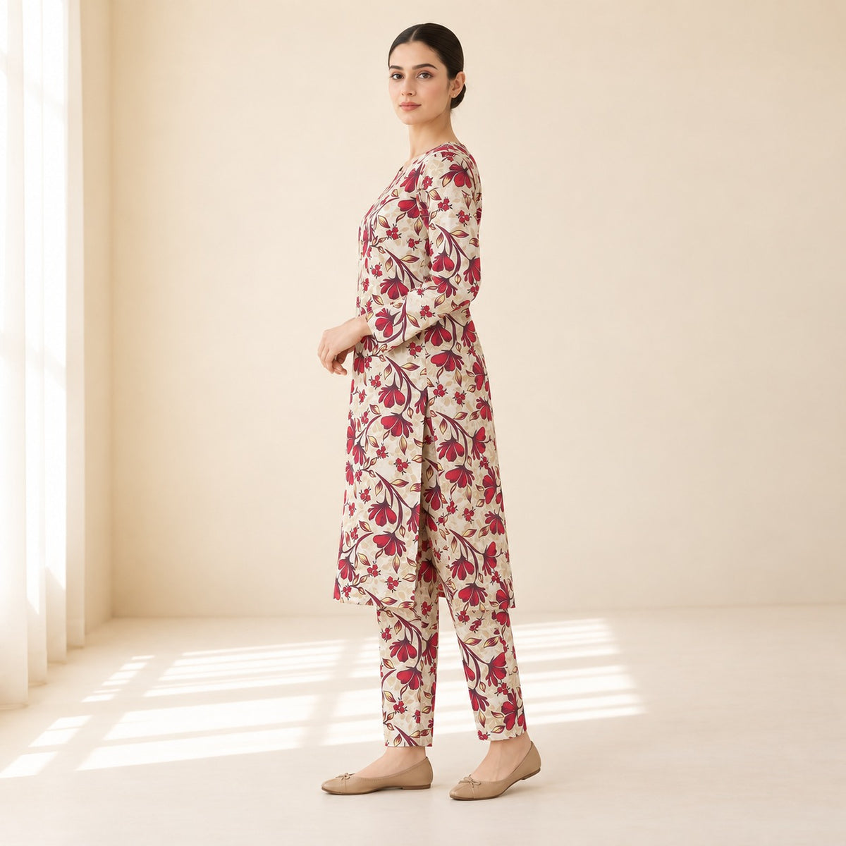 Cream & Burgundy Floral Printed 2-Piece Unstitched Lawn Suit (6 meters unstitched fabric)
