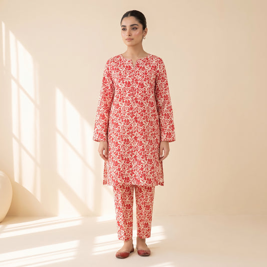 Red Floral Print 2-Piece Stitched Suit