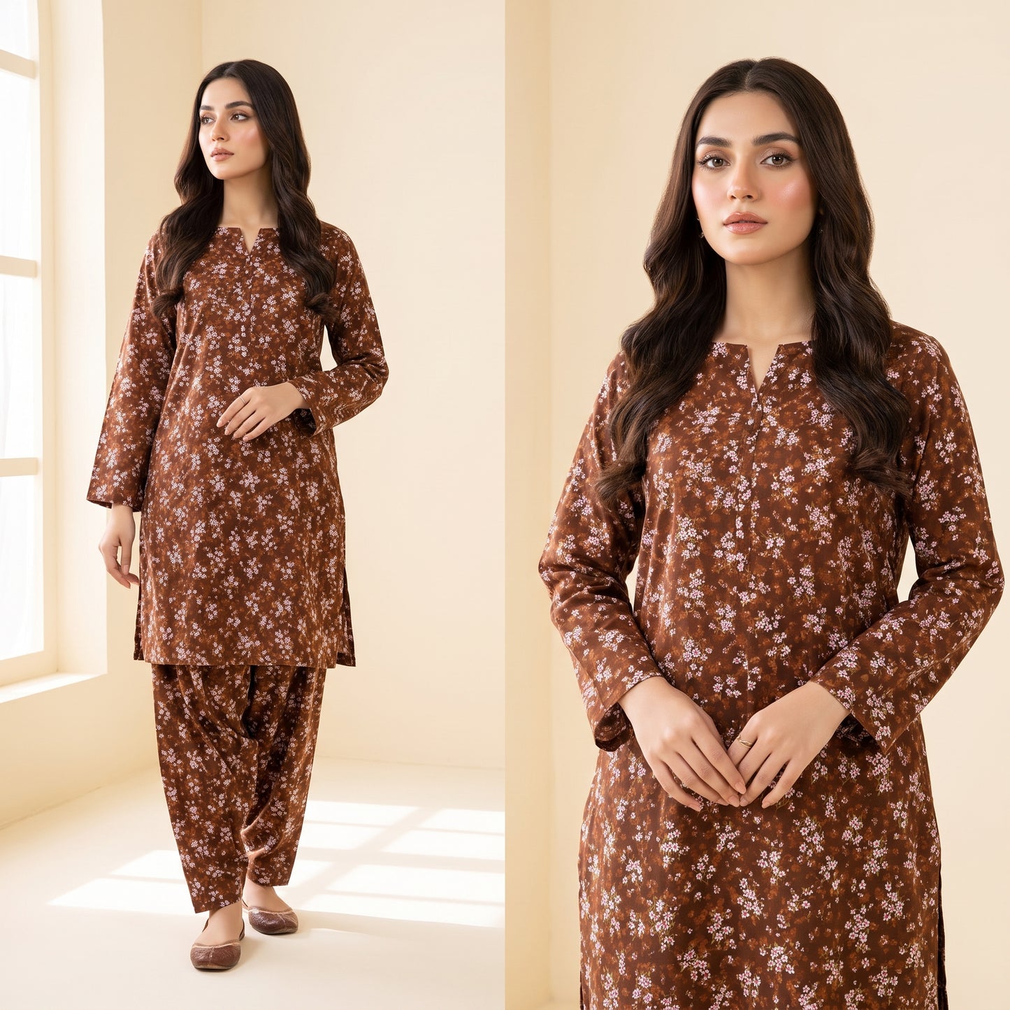 Brown Floral Print 2-Piece Unstitched Suit