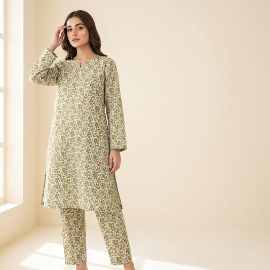 Olive Green Floral Print 2-Piece Stitched Suit