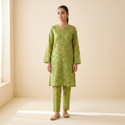 Green Geometric Print 2-Piece Stitched Suit