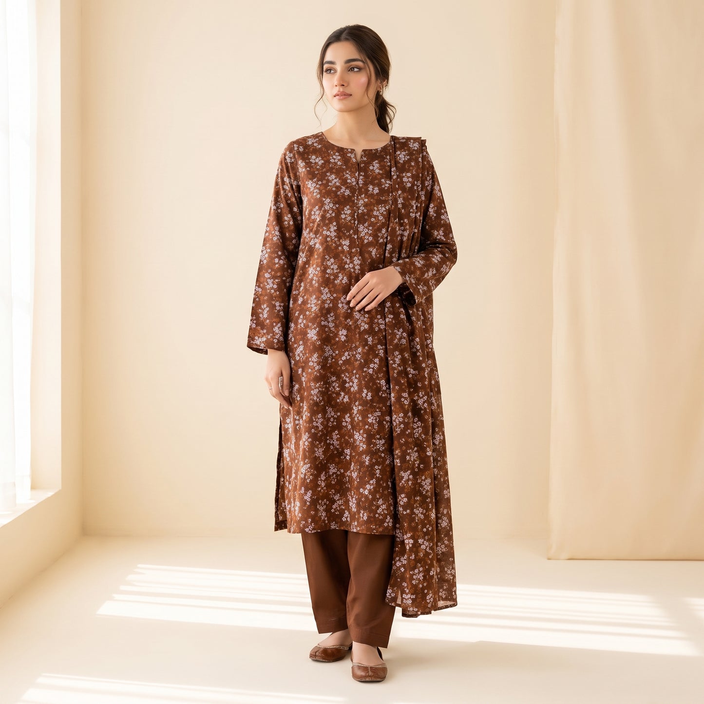 Brown Floral Print 2-Piece Unstitched Suit