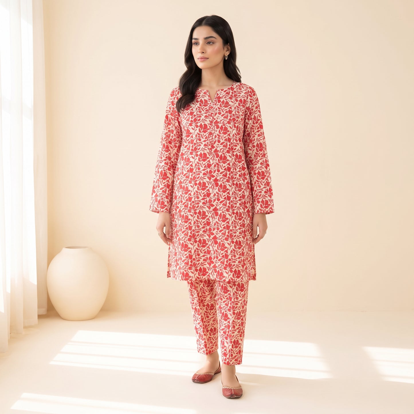 Red Floral Print 2-Piece Stitched Suit