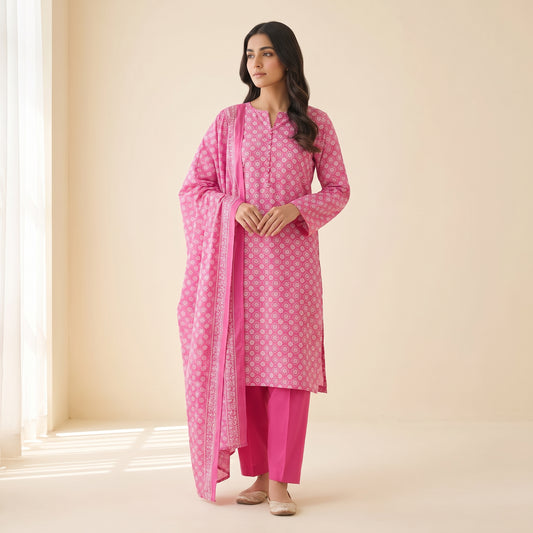 Pink Floral Tile Print 3-Piece Unstitched Suit