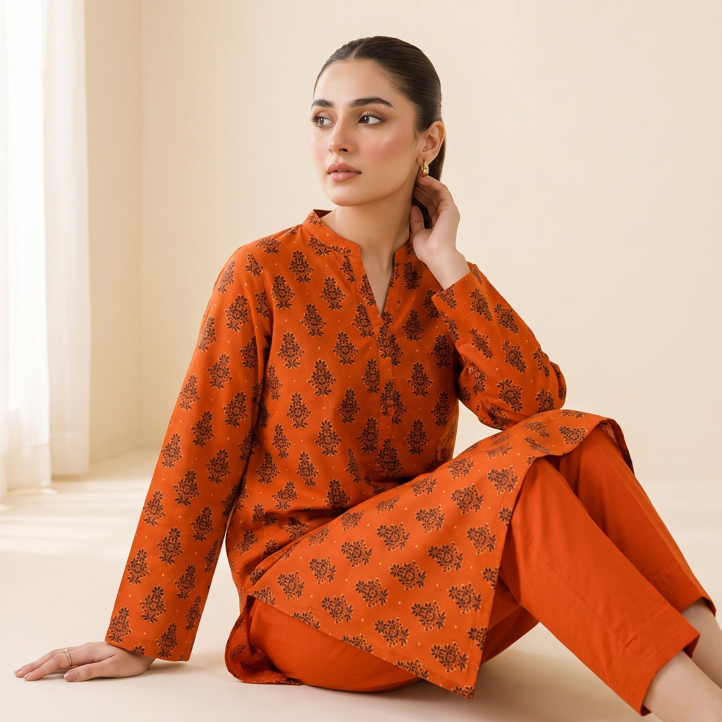 Orange Floral Print 2-Piece Unstitched Suit