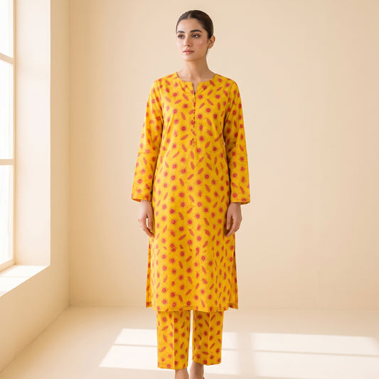 Yellow Sunflower & Feather Print 2-Piece Unstitched Suit