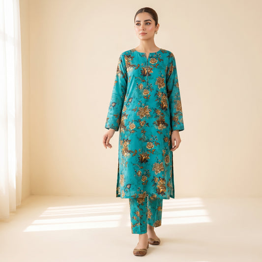 Teal Floral Bouquet Print 2-Piece Unstitched Suit
