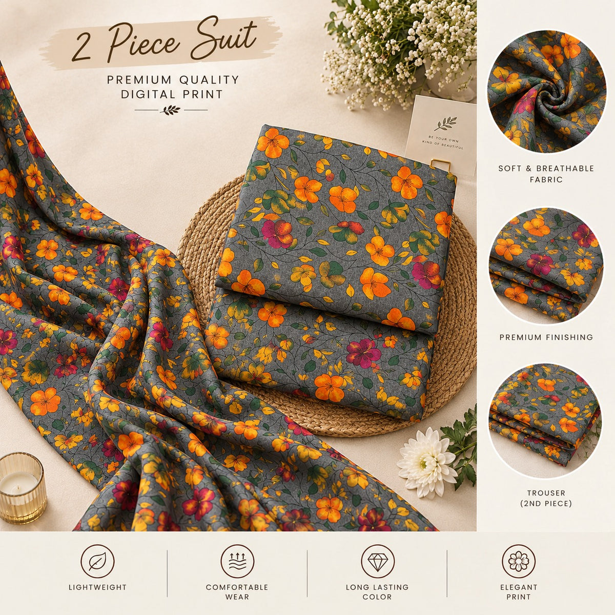 Grey Floral Printed 2-Piece Unstitched Lawn Suit | ZIVRA (6 meters unstitched fabric)