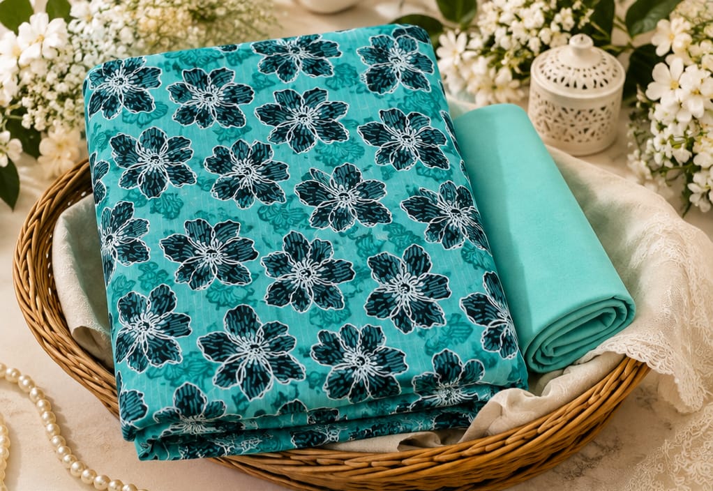 Teal Floral Print 2-Piece Unstitched Suit