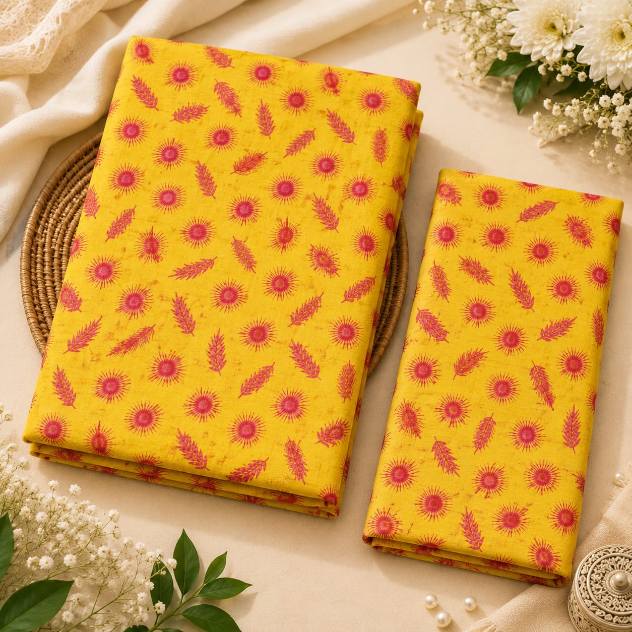 Yellow Sunflower & Feather Print 2-Piece Unstitched Suit