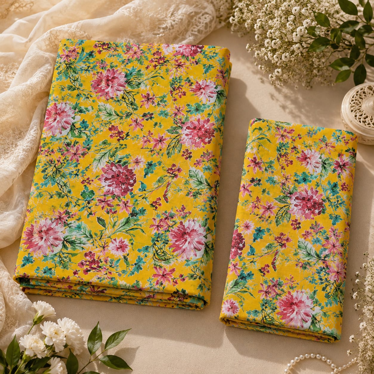 Yellow Floral Print 2-Piece Stitched Suit