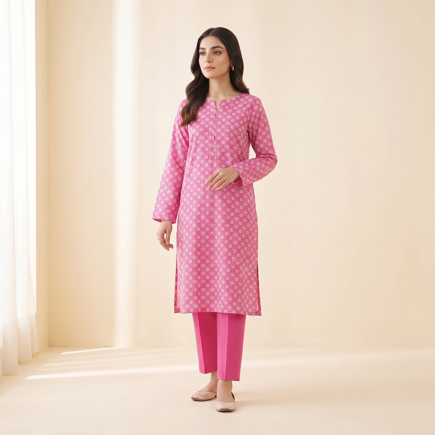 Pink Floral Tile Print 3-Piece Unstitched Suit