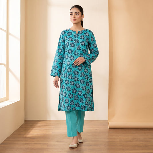 Teal Floral Print 2-Piece Unstitched Suit