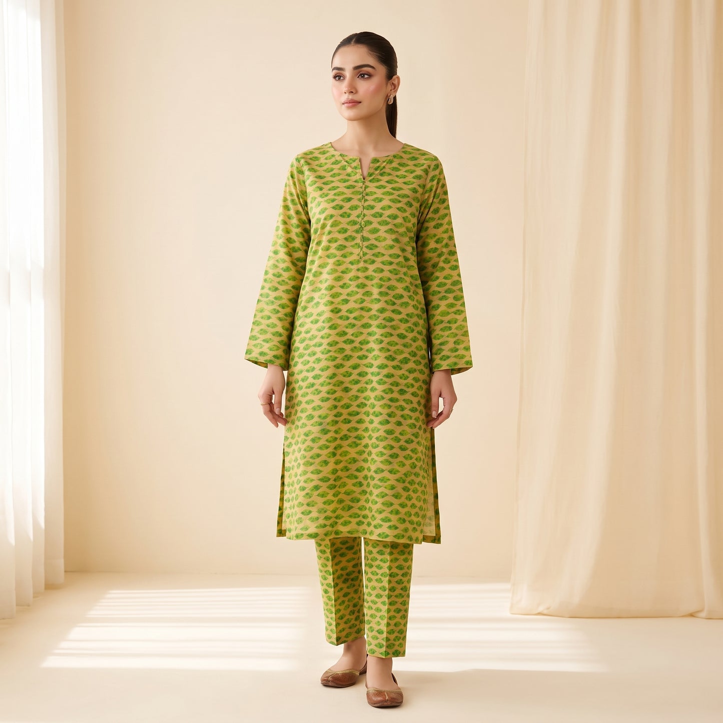 Green Geometric Print 2-Piece Stitched Suit