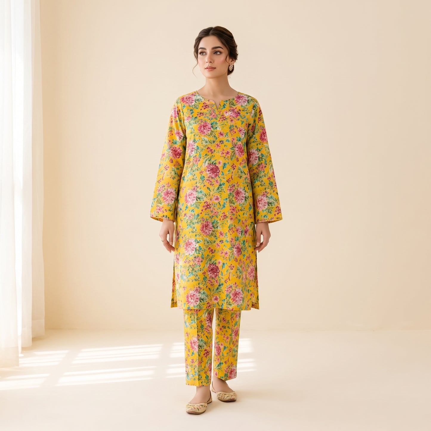 Yellow Floral Print 2-Piece Stitched Suit