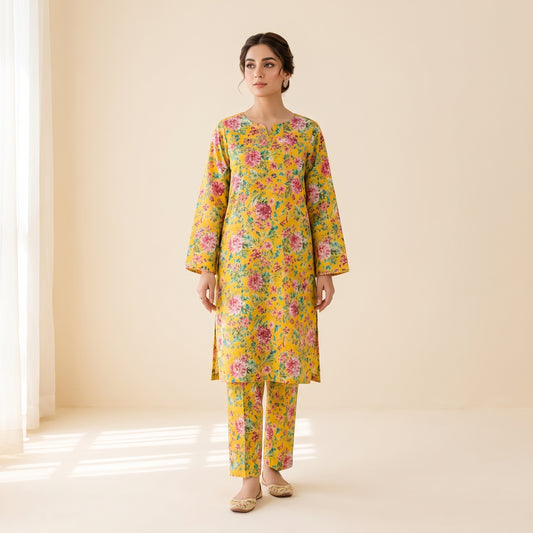 Yellow Floral Print 2-Piece Stitched Suit