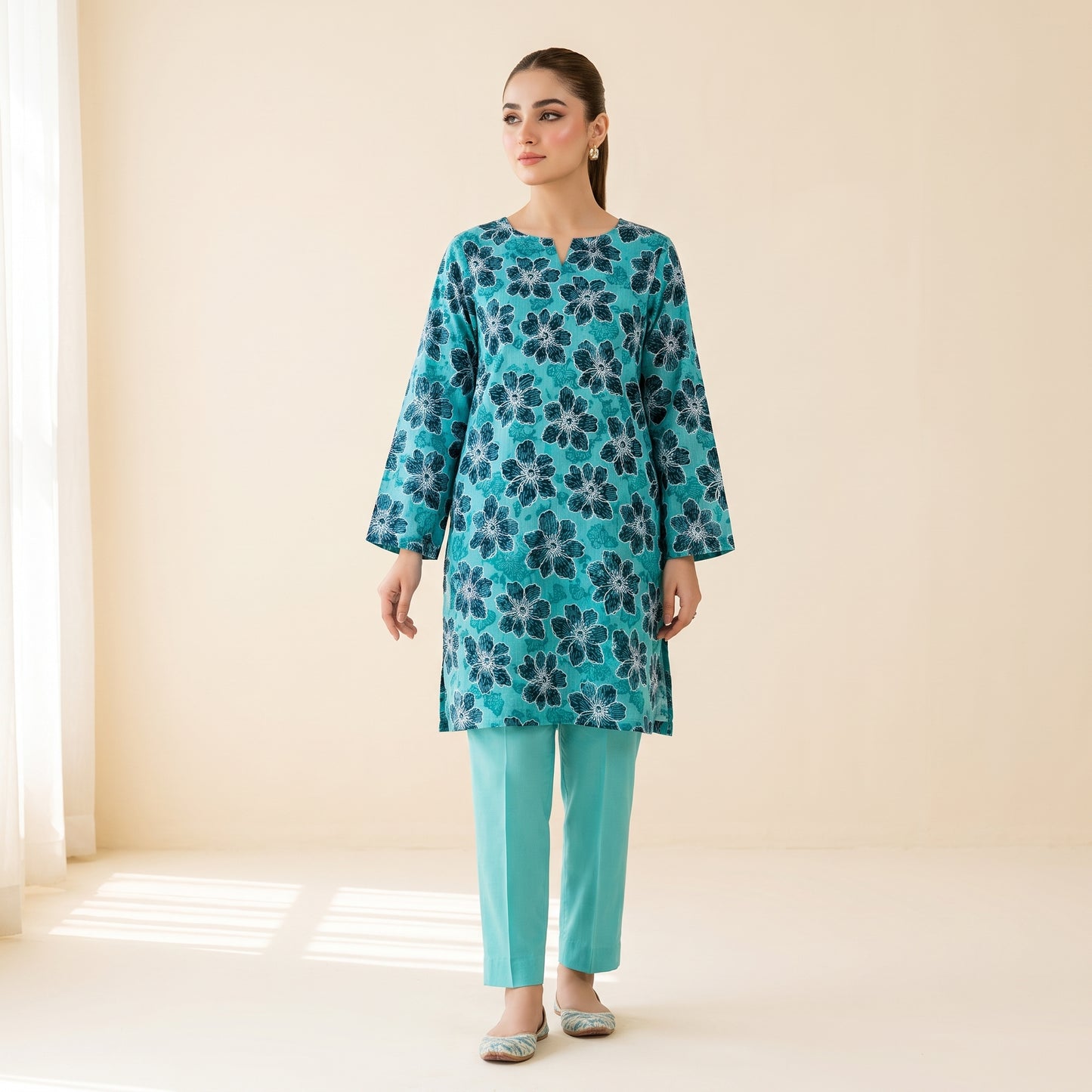 Teal Floral Print 2-Piece Unstitched Suit