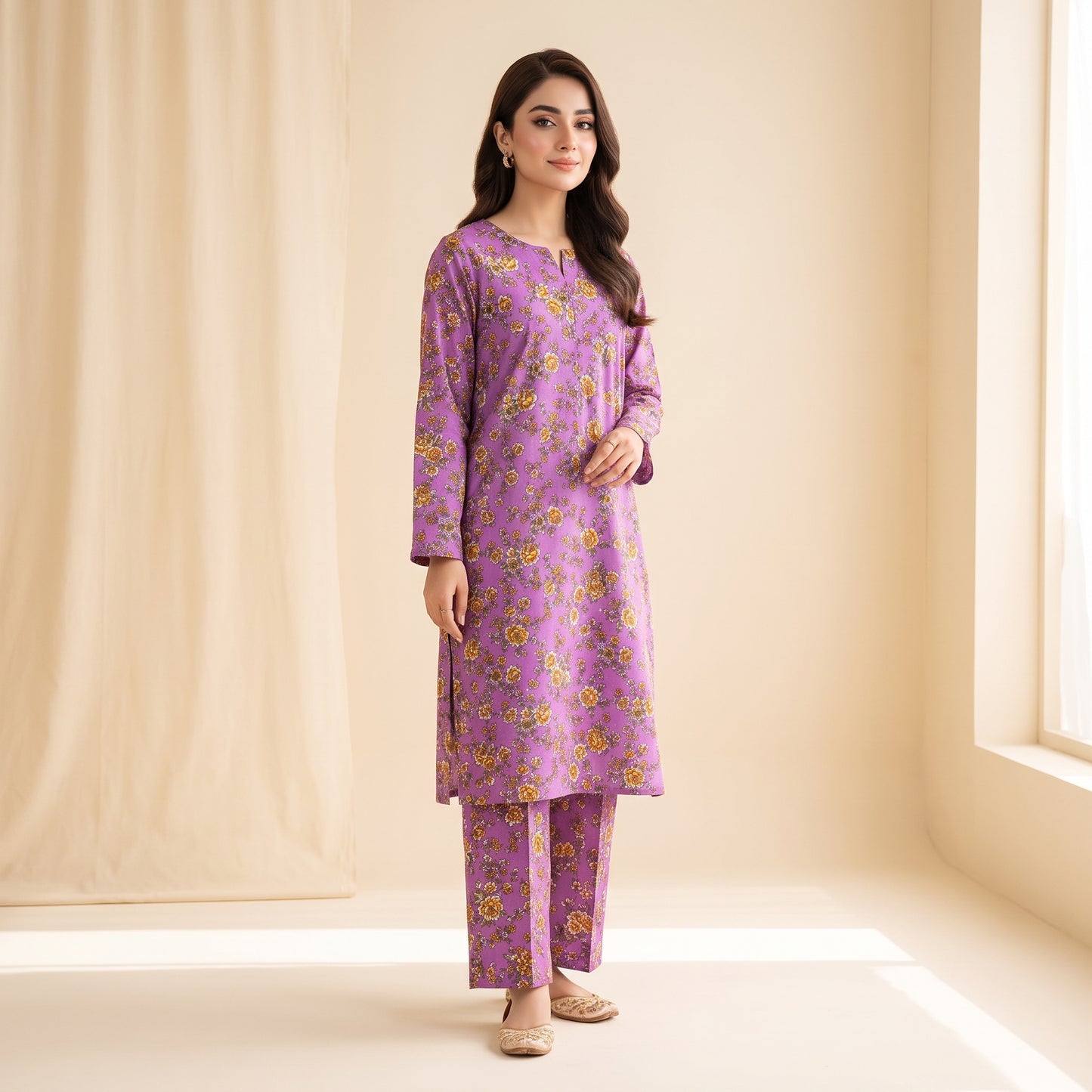 Purple Floral Print 2-Piece Unstitched Suit