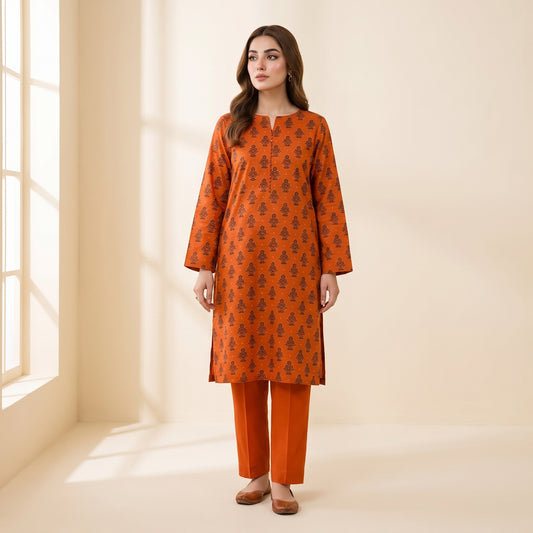Orange Floral Print 2-Piece Unstitched Suit