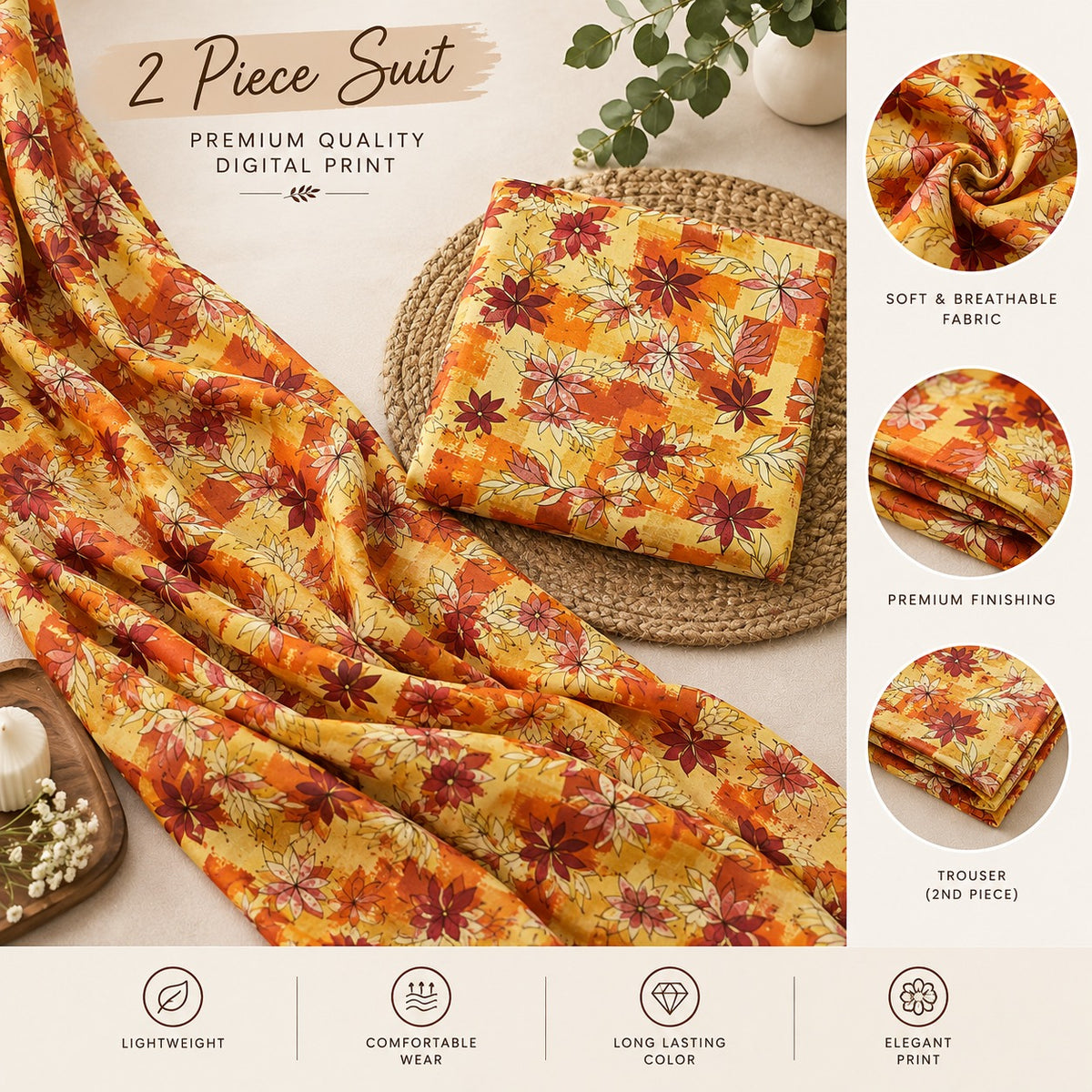 Mustard Yellow & Rust Floral Printed 2-Piece Unstitched Lawn Suit (6 meters unstitched fabric)